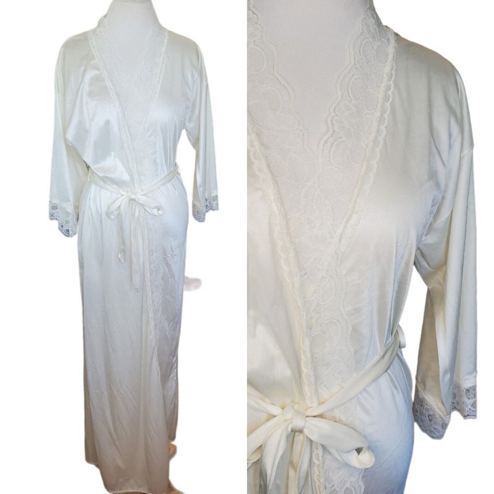 Vintage Cream Satin Bridal Nylon Robe Lace Trim Long USA M/L